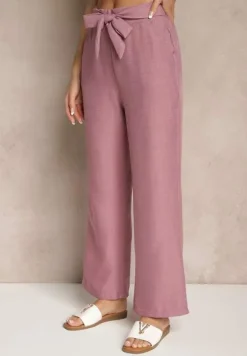Ciemnoróżowe Spodnie z Szeroką Nogawką i Gumką w Talii Zdobione Wiązaniem Mireniela