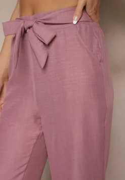 Ciemnoróżowe Spodnie z Szeroką Nogawką i Gumką w Talii Zdobione Wiązaniem Mireniela