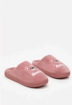 Ciemnoróżowe Wsuwane Kapcie z Welurowym Wykończeniem i Ozdobną Naszywką Naorise