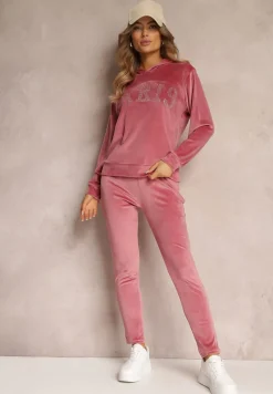 Ciemnoróżowy 2-częściowy Welurowy Komplet Dresowy z Bluzą i Spodniami Yamiya