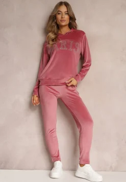 Ciemnoróżowy 2-częściowy Welurowy Komplet Dresowy z Bluzą i Spodniami Yamiya