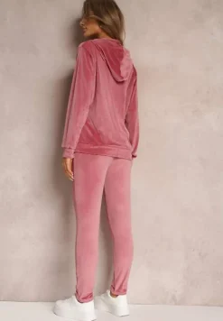Ciemnoróżowy 2-częściowy Welurowy Komplet Dresowy z Bluzą i Spodniami Yamiya