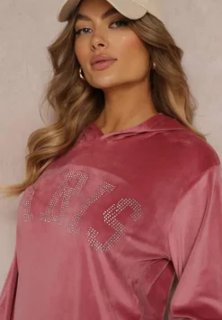 Ciemnoróżowy 2-częściowy Welurowy Komplet Dresowy z Bluzą i Spodniami Yamiya