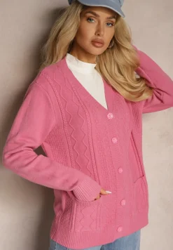 Ciemnoróżowy Kardigan z Dodatkiem Bawełny Ozdobiony Tłoczeniami i Kieszeniami Mavalin