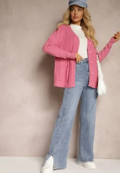 Ciemnoróżowy Kardigan z Dodatkiem Bawełny Ozdobiony Tłoczeniami i Kieszeniami Mavalin