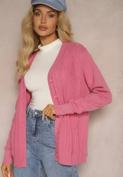 Ciemnoróżowy Kardigan z Dodatkiem Bawełny Ozdobiony Tłoczeniami i Kieszeniami Mavalin