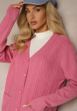 Ciemnoróżowy Kardigan z Dodatkiem Bawełny Ozdobiony Tłoczeniami i Kieszeniami Mavalin