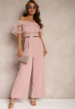 Ciemnoróżowy Koktajlowy Kombinezon z Falbanką przy Dekolcie bez Rękawów Tessita