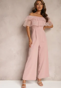 Ciemnoróżowy Koktajlowy Kombinezon z Falbanką przy Dekolcie bez Rękawów Tessita