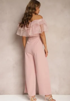 Ciemnoróżowy Koktajlowy Kombinezon z Falbanką przy Dekolcie bez Rękawów Tessita