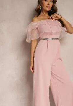 Ciemnoróżowy Koktajlowy Kombinezon z Falbanką przy Dekolcie bez Rękawów Tessita