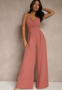 Ciemnoróżowy Kombinezon na Cienkich Ramiączkach z Kopertowym Dekoltem i Szerokimi Nogawkami Jovantia