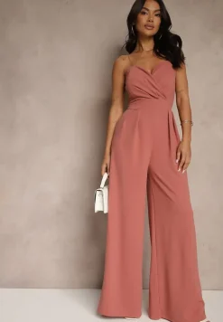 Ciemnoróżowy Kombinezon na Cienkich Ramiączkach z Kopertowym Dekoltem i Szerokimi Nogawkami Jovantia