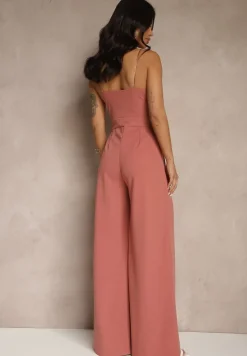 Ciemnoróżowy Kombinezon na Cienkich Ramiączkach z Kopertowym Dekoltem i Szerokimi Nogawkami Jovantia