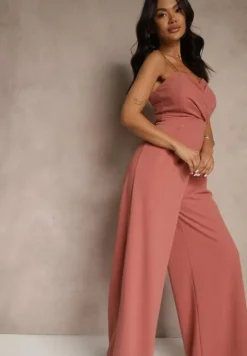 Ciemnoróżowy Kombinezon na Cienkich Ramiączkach z Kopertowym Dekoltem i Szerokimi Nogawkami Jovantia