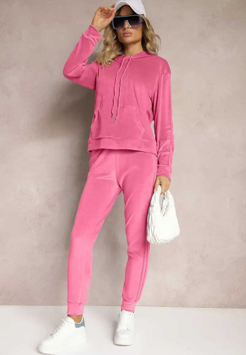 Ciemnoróżowy Komplet Dresowy o Welurowym Wykończeniu Tandrea