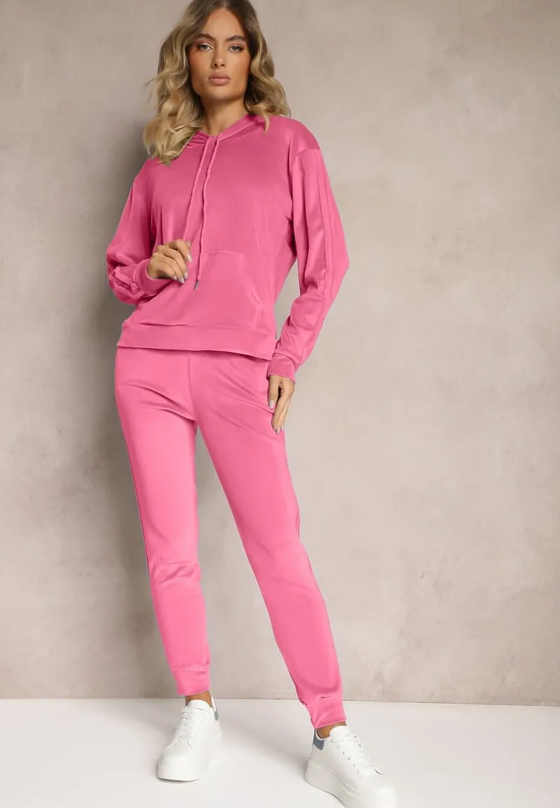 Ciemnoróżowy Komplet Dresowy o Welurowym Wykończeniu Tandrea