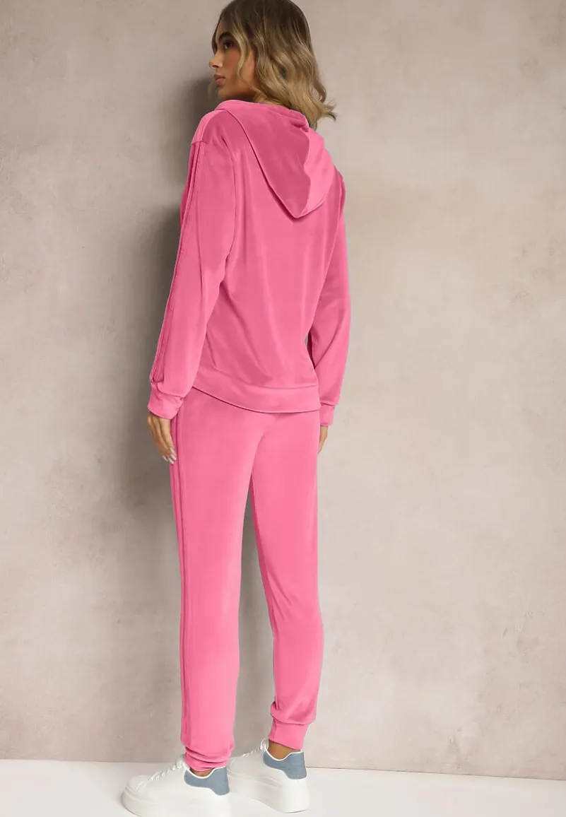 Ciemnoróżowy Komplet Dresowy o Welurowym Wykończeniu Tandrea