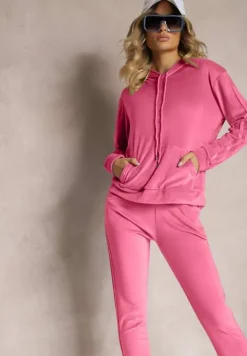 Ciemnoróżowy Komplet Dresowy o Welurowym Wykończeniu Tandrea