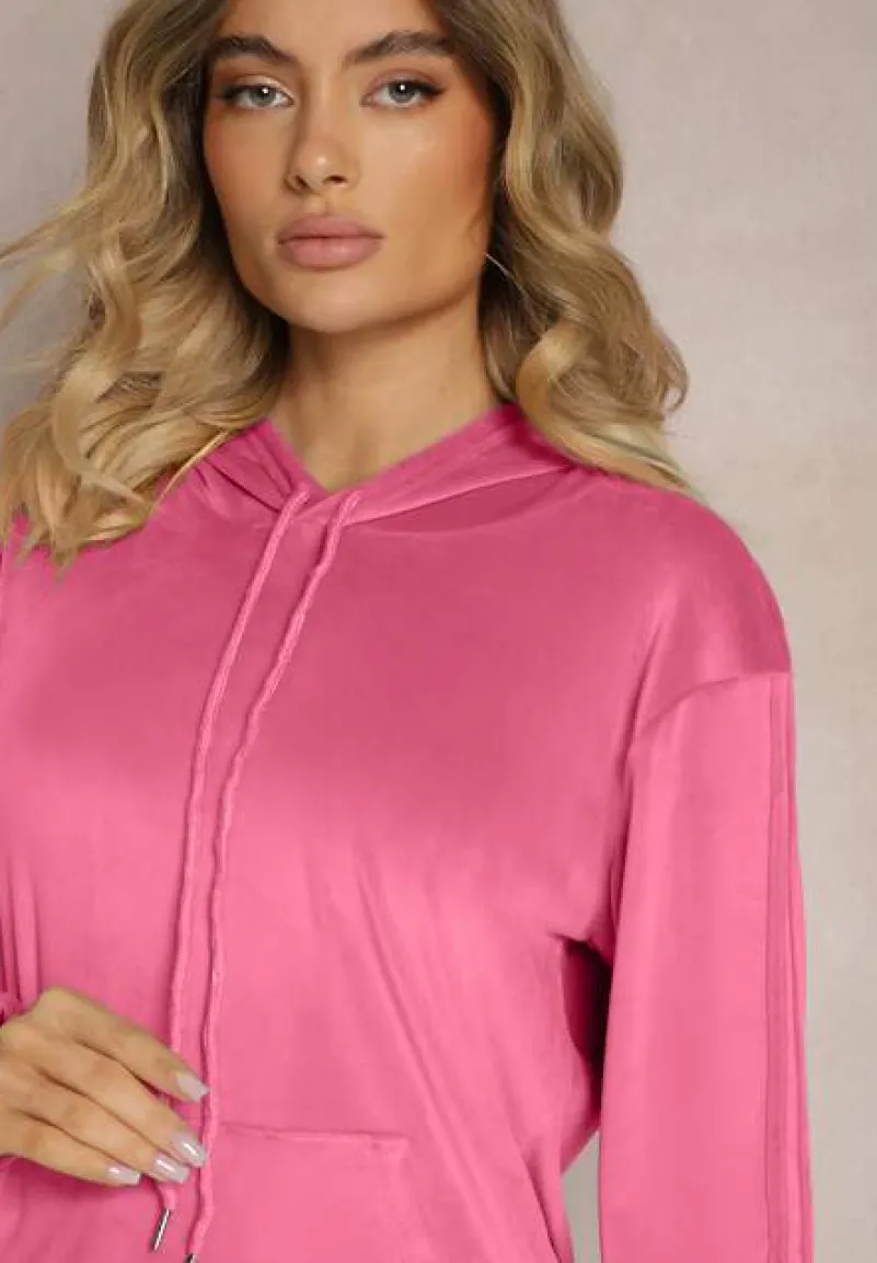 Ciemnoróżowy Komplet Dresowy o Welurowym Wykończeniu Tandrea