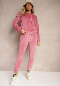 Ciemnoróżowy Komplet Dresowy z Dodatkiem Bawełny Spodnie z Gumką w Pasie Bluza z Kapturem Reseria
