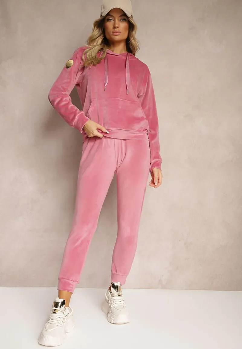 Ciemnoróżowy Komplet Dresowy z Dodatkiem Bawełny Spodnie z Gumką w Pasie Bluza z Kapturem Reseria