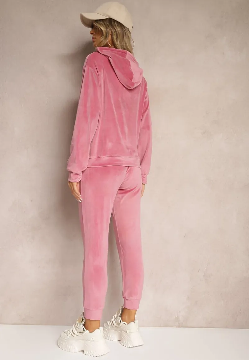 Ciemnoróżowy Komplet Dresowy z Dodatkiem Bawełny Spodnie z Gumką w Pasie Bluza z Kapturem Reseria