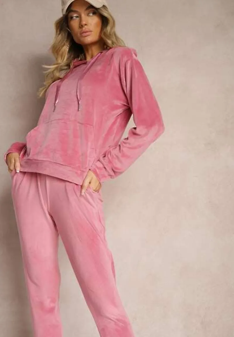 Ciemnoróżowy Komplet Dresowy z Dodatkiem Bawełny Spodnie z Gumką w Pasie Bluza z Kapturem Reseria