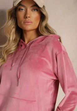 Ciemnoróżowy Komplet Dresowy z Dodatkiem Bawełny Spodnie z Gumką w Pasie Bluza z Kapturem Reseria