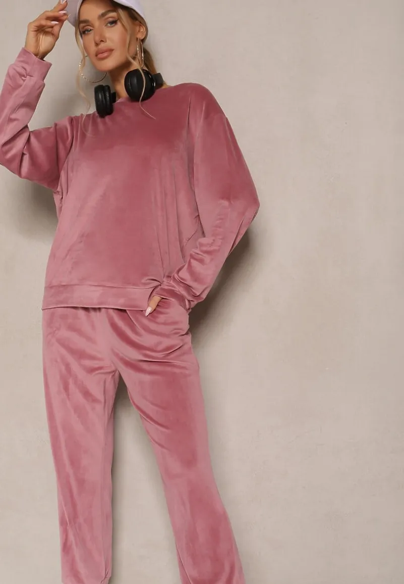 Ciemnoróżowy Komplet Dresowy z Welurowej Tkaniny Bluza i Joggery Lisarilia