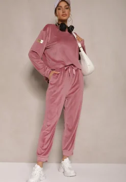 Ciemnoróżowy Komplet Dresowy z Welurowej Tkaniny Bluza i Joggery Lisarilia