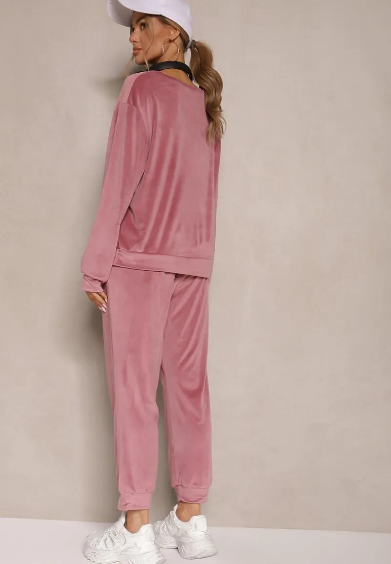 Ciemnoróżowy Komplet Dresowy z Welurowej Tkaniny Bluza i Joggery Lisarilia