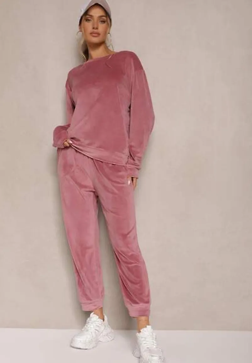 Ciemnoróżowy Komplet Dresowy z Welurowej Tkaniny Bluza i Joggery Lisarilia