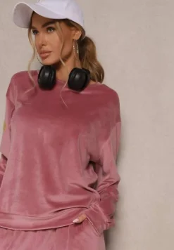 Ciemnoróżowy Komplet Dresowy z Welurowej Tkaniny Bluza i Joggery Lisarilia