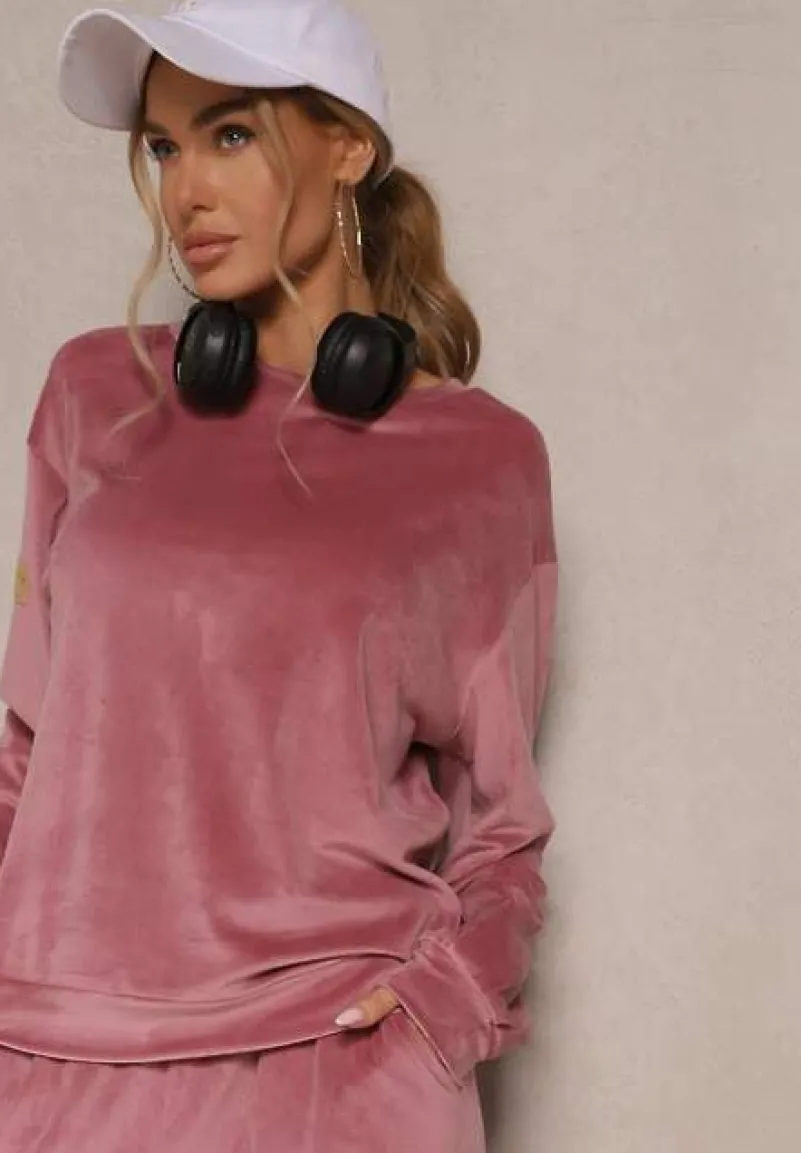Ciemnoróżowy Komplet Dresowy z Welurowej Tkaniny Bluza i Joggery Lisarilia