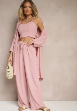 Ciemnoróżowy Komplet Spodnie z Gumką w Pasie Top i Długa Koszula Arives