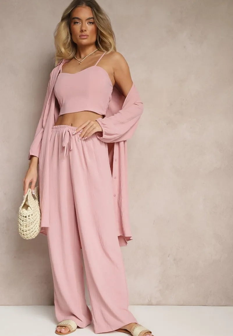 Ciemnoróżowy Komplet Spodnie z Gumką w Pasie Top i Długa Koszula Arives