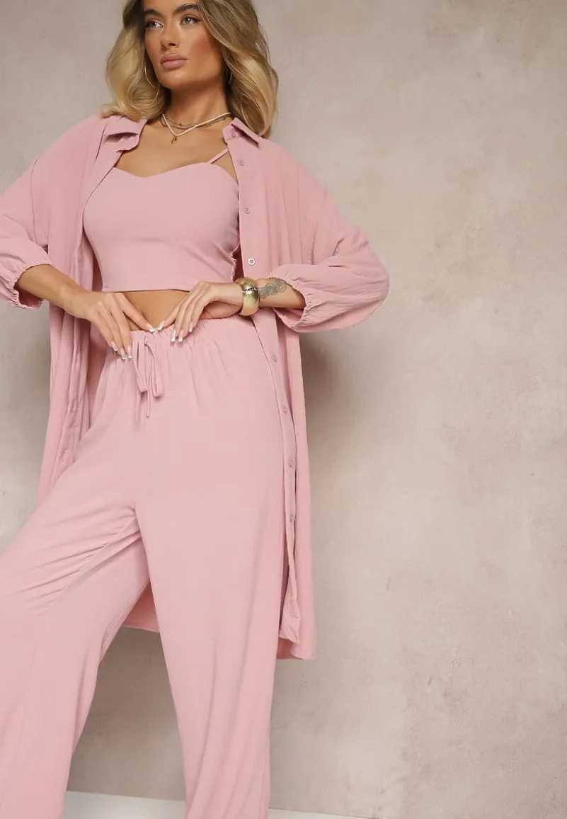 Ciemnoróżowy Komplet Spodnie z Gumką w Pasie Top i Długa Koszula Arives