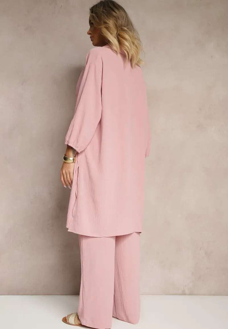 Ciemnoróżowy Komplet Spodnie z Gumką w Pasie Top i Długa Koszula Arives