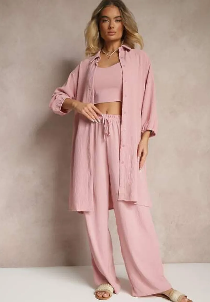 Ciemnoróżowy Komplet Spodnie z Gumką w Pasie Top i Długa Koszula Arives