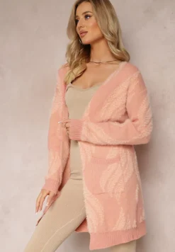 Ciemnoróżowy Luźny Kardigan Niezapinany z Dłuższym Włosiem Karsta