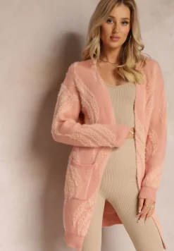 Ciemnoróżowy Luźny Kardigan Niezapinany z Dłuższym Włosiem Karsta