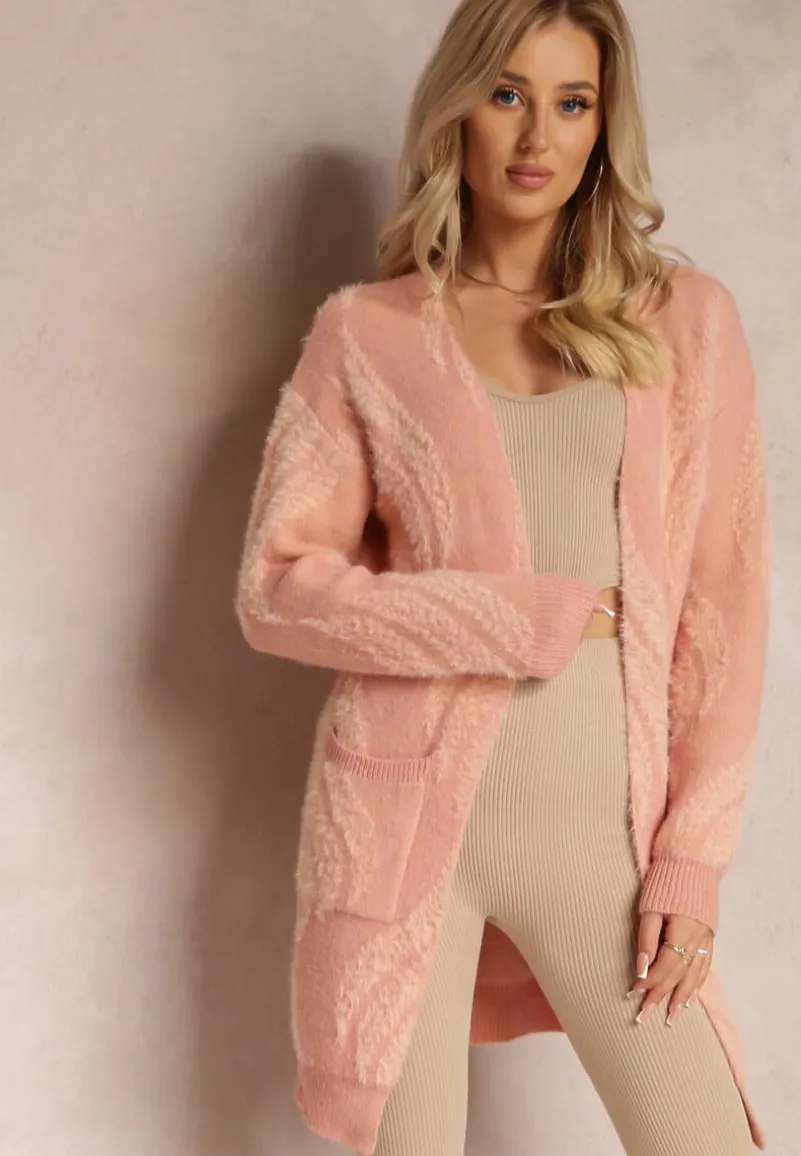 Ciemnoróżowy Luźny Kardigan Niezapinany z Dłuższym Włosiem Karsta