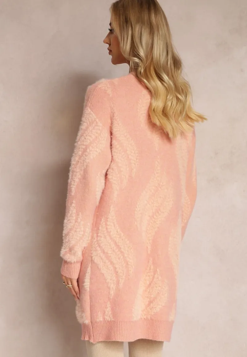 Ciemnoróżowy Luźny Kardigan Niezapinany z Dłuższym Włosiem Karsta