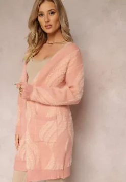 Ciemnoróżowy Luźny Kardigan Niezapinany z Dłuższym Włosiem Karsta