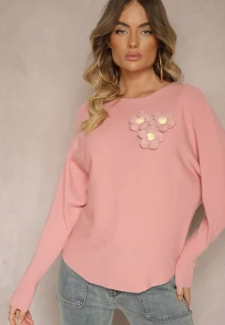 Ciemnoróżowy Nietoperzowy Sweter z Wiskozą Zdobiony Aplikacją w Kształcie Kwiatów Evasinae