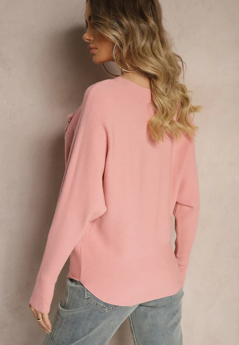 Ciemnoróżowy Nietoperzowy Sweter z Wiskozą Zdobiony Aplikacją w Kształcie Kwiatów Evasinae