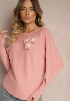 Ciemnoróżowy Nietoperzowy Sweter z Wiskozą Zdobiony Aplikacją w Kształcie Kwiatów Evasinae