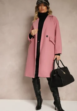 Ciemnoróżowy Płaszcz Dwurzędowy Długi Tadde