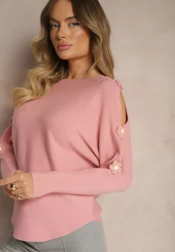 Ciemnoróżowy Sweter z Wiskozą Ozdobiony Wycięciami na Rękawach Evathia